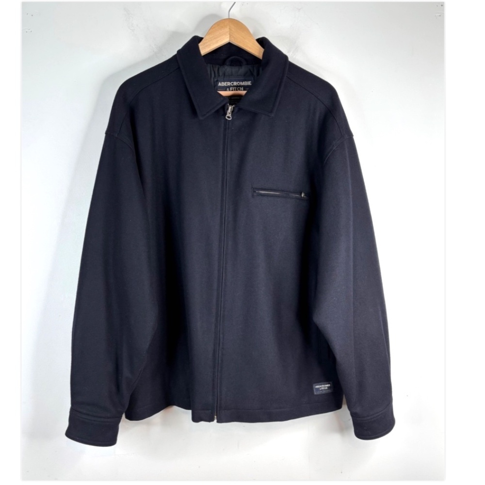 VTG Y2K Abercrombie Wool Coat Mens L Navy Full Zip Preppy Old Money Minimalist